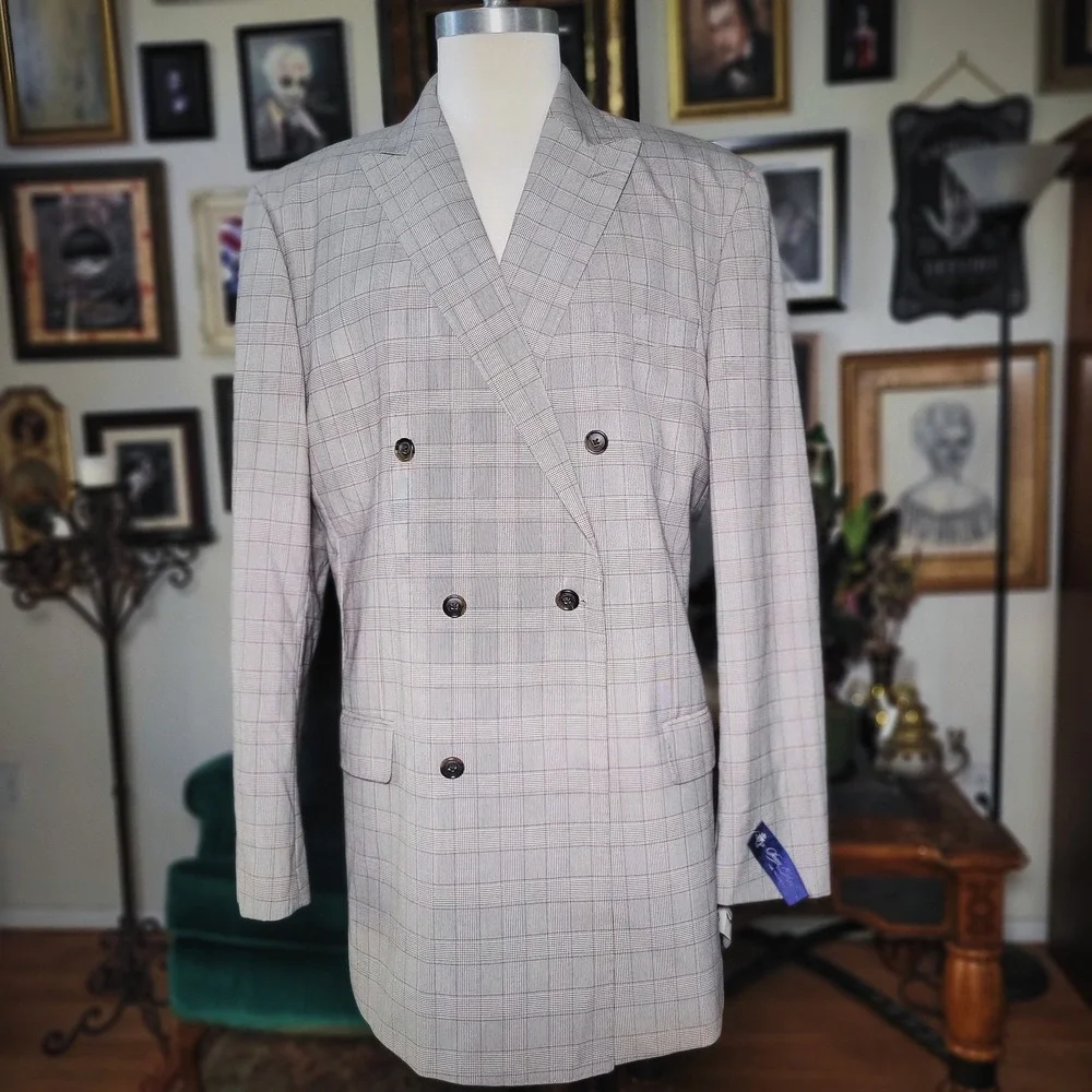Sean John Gray‎ Blazer Jacket Plaid Double-Breasted Checkered Notched Large